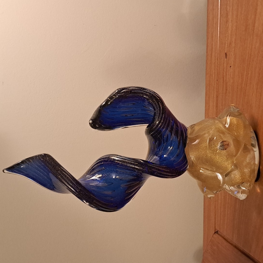 Murano glass sculpture blue with thin gold Iines throughout vintage